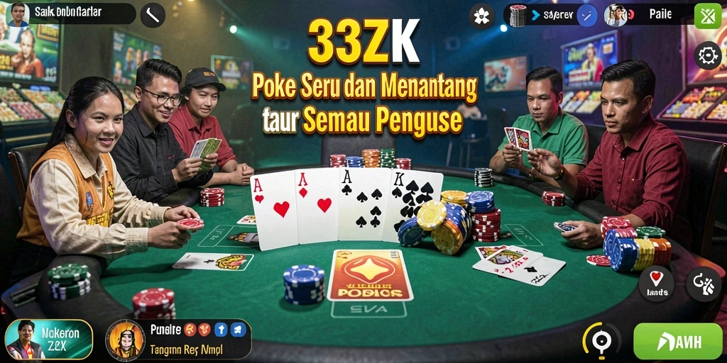 Tampilan antarmuka bermain Poker di 33ZK yang menarik dan dinamis.