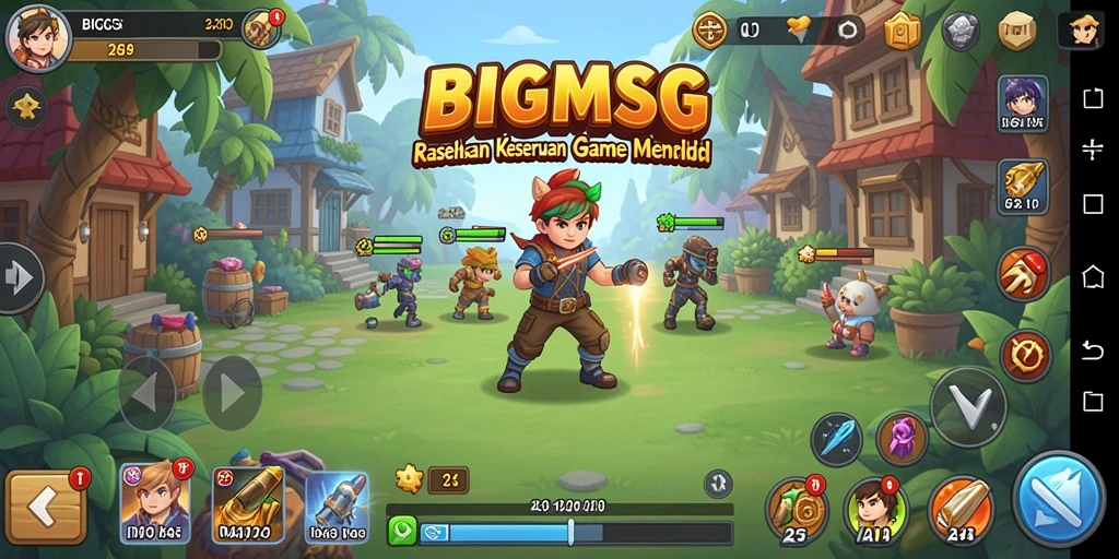 Screenshot gameplay BIGMSG yang menunjukkan aktivitas mengelola sumber daya.
