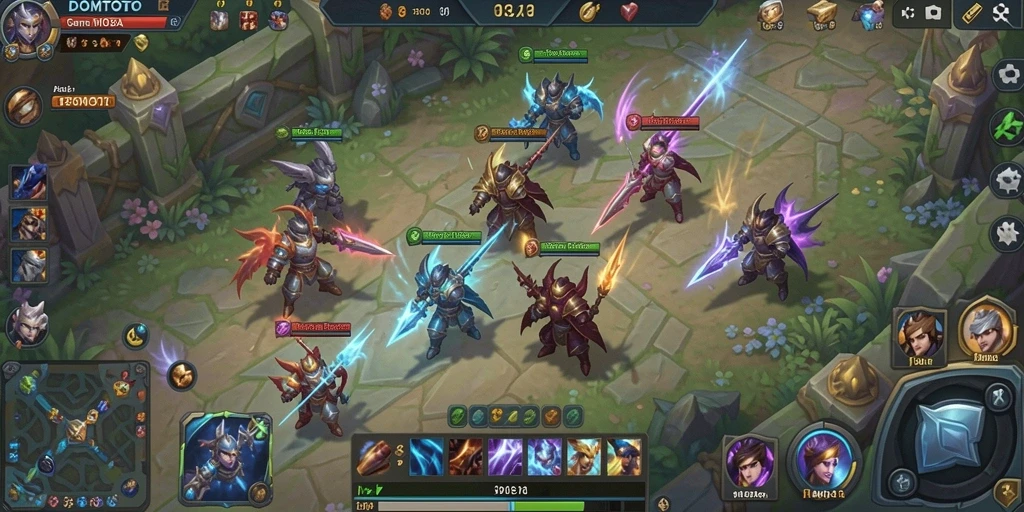 Screenshot utama DOMTOTO menampilkan aksi pertempuran yang seru di arena MOBA.