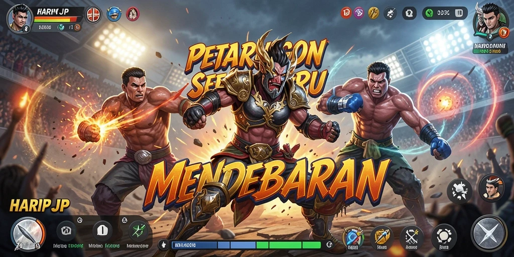 Tampilan gameplay HARAPJP yang menampilkan pertarungan seru antara karakter.