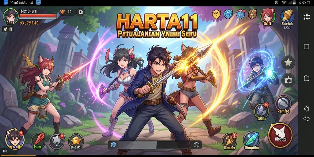 Screenshot utama HARTA11 menampilkan aksi pertempuran karakter Anime yang seru.