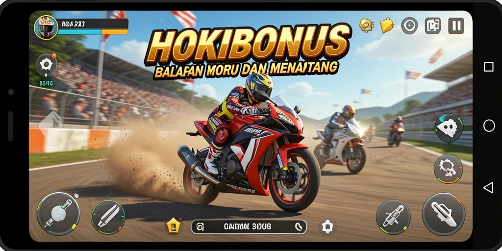 Gameplay seru HOKIBONUS dengan balapan motor yang mendebarkan.