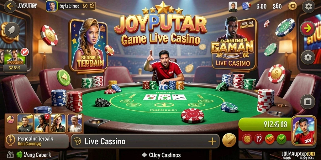Screenshot gameplay <strong>JOYPUTAR</strong> menampilkan dealer profesional dan suasana kasino yang hidup.