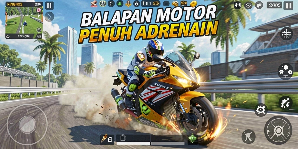Tampilan gameplay KING403 dengan aksi balapan motor yang seru.