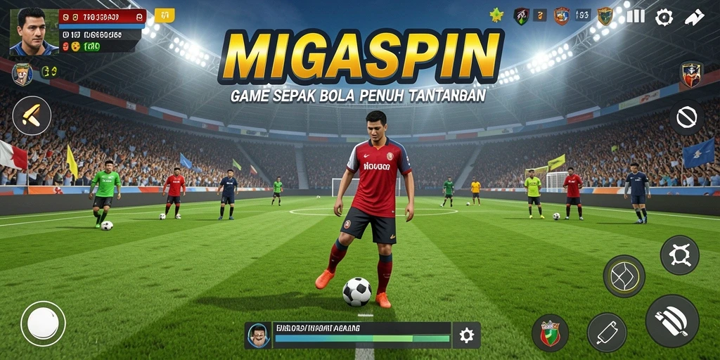 Tampilan screenshot MIGASPIN menunjukkan aksi sepak bola yang mendebarkan.