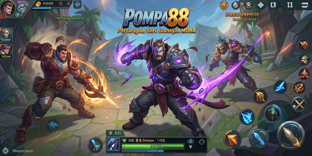 Tampilan gameplay seru POMPA88 dengan aksi MOBA menegangkan.